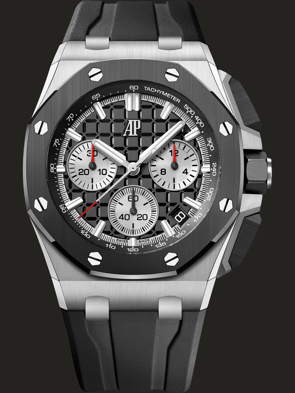 Audemars Piguet Royal Oak Offshore 26420SO.OO.A002CA.01 in acciaio e ceramica nera visto frontalmente