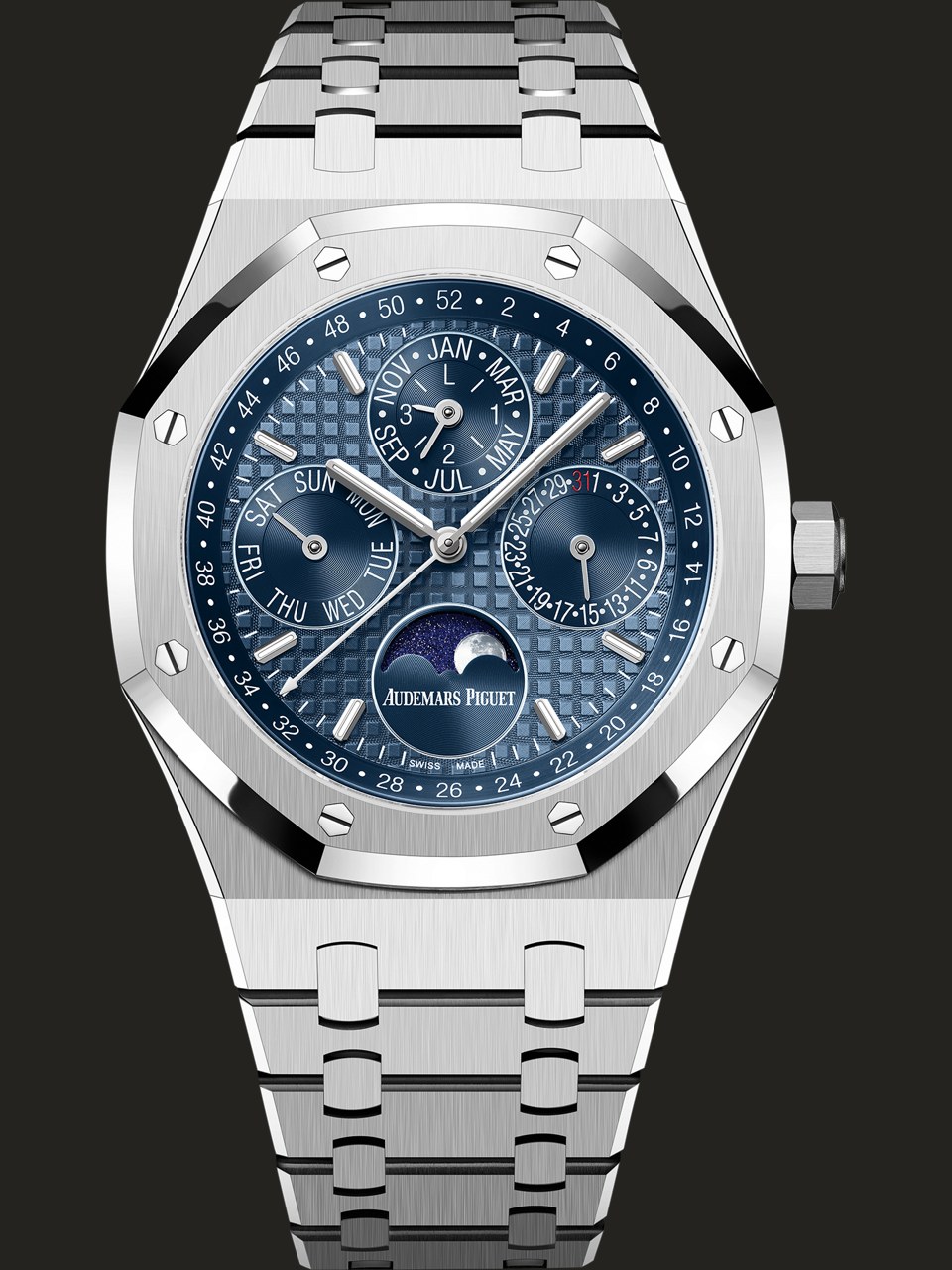 Audemars Piguet Royal Oak Calendario Perpetuo 26574ST.OO.1220ST.03 in acciaio visto frontalmente