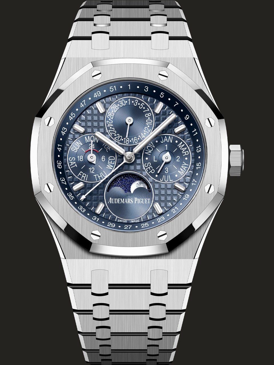 Audemars Piguet Royal Oak Calendario Perpetuo 26674ST.OO.1320ST.01 in acciaio visto frontalmente