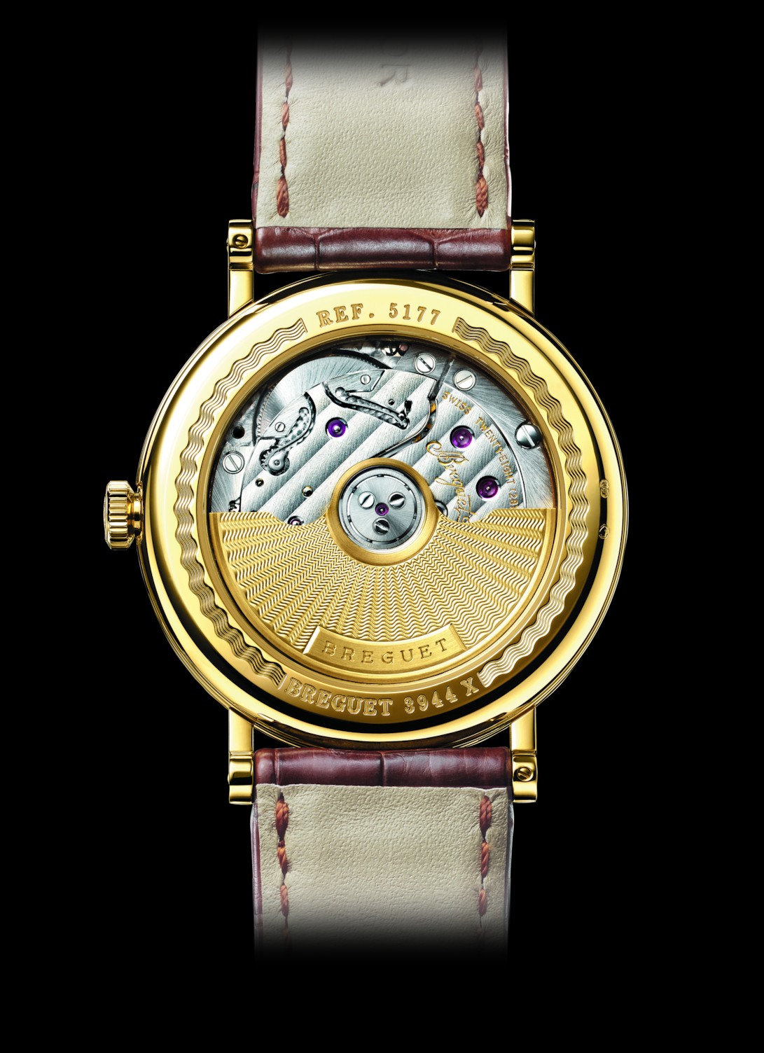 Fondello della Breguet Classique 5177BA/12/9V6 in oro giallo con movimento e rotore visibili
