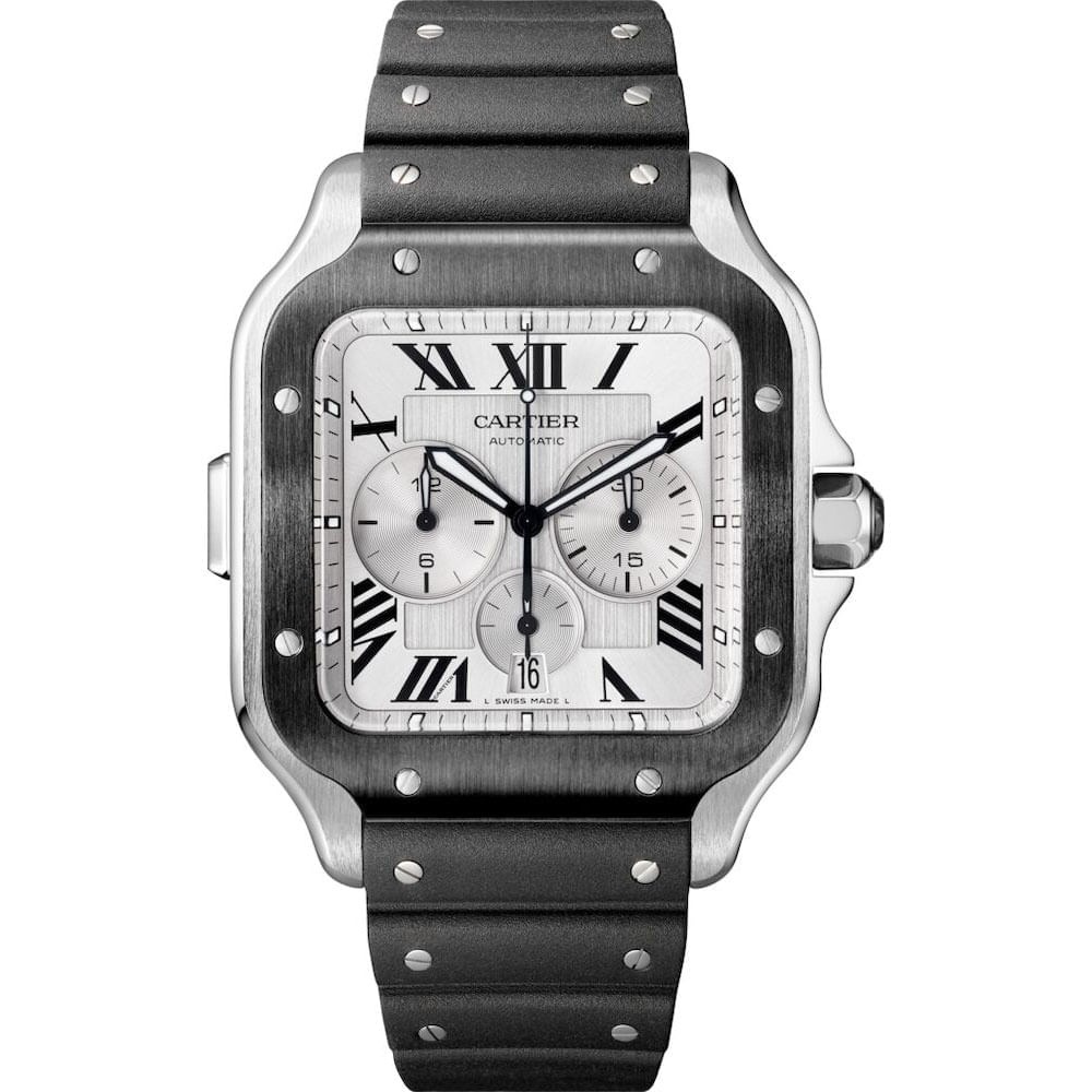 Cartier Santos de Cartier WSSA0017 in acciaio e ADLC, vista frontale con cinturino in caucciù nero