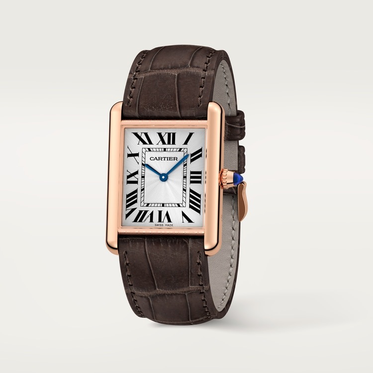 Cartier Tank Louis Cartier WGTA0011, vista a tre quarti con cassa in oro rosa e cinturino in alligatore