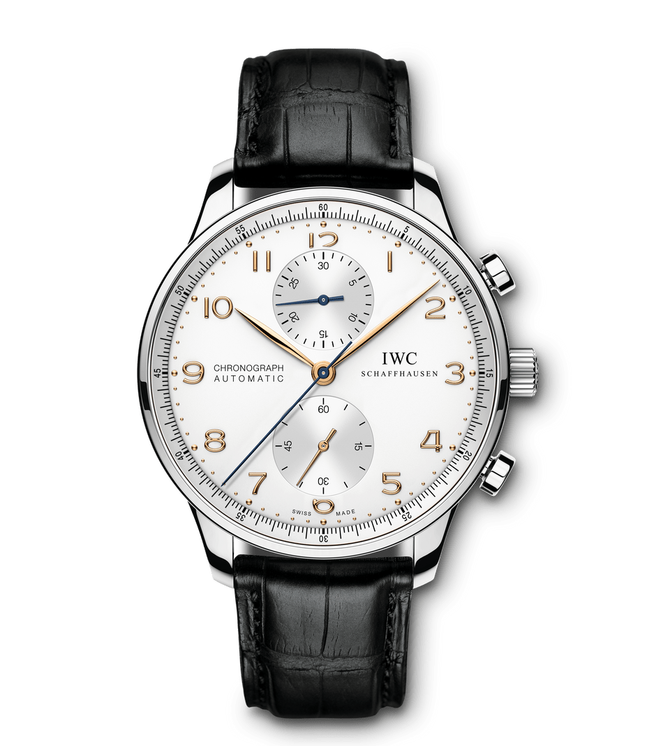 IWC Portugieser Chronograph IW371445, vista frontale con quadrante argento e numeri color oro