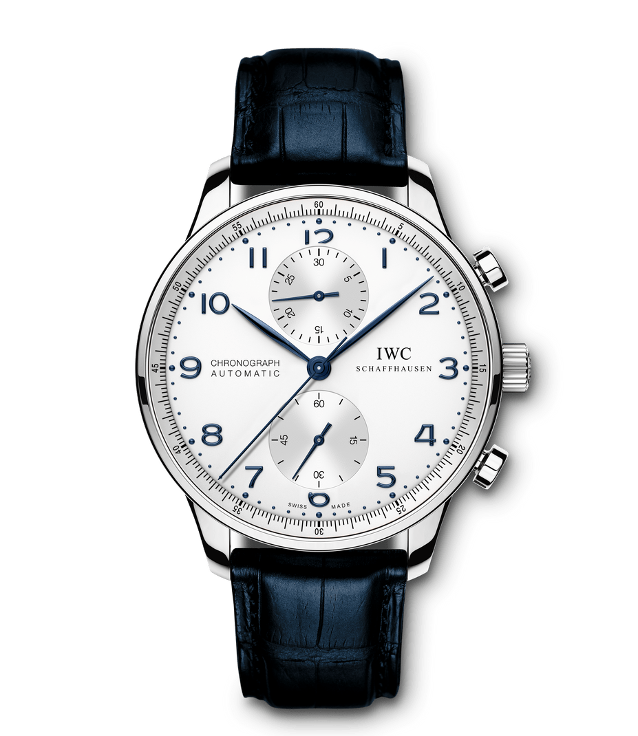 IWC Portugieser Chronograph IW371446, vista frontale con quadrante argento e dettagli blu