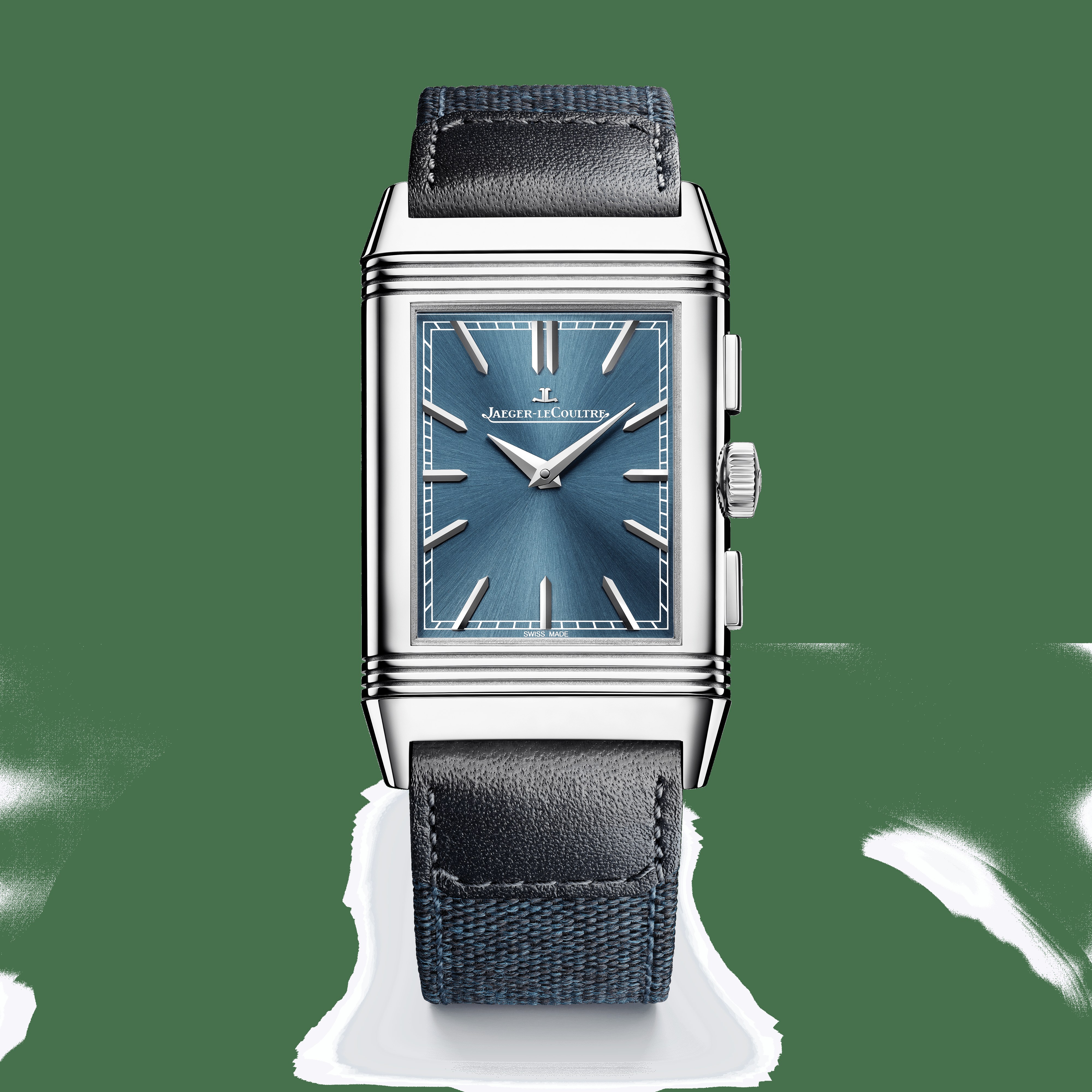 Jaeger-LeCoultre Reverso Tribute Chronograph Q389848J in acciaio, vista frontale