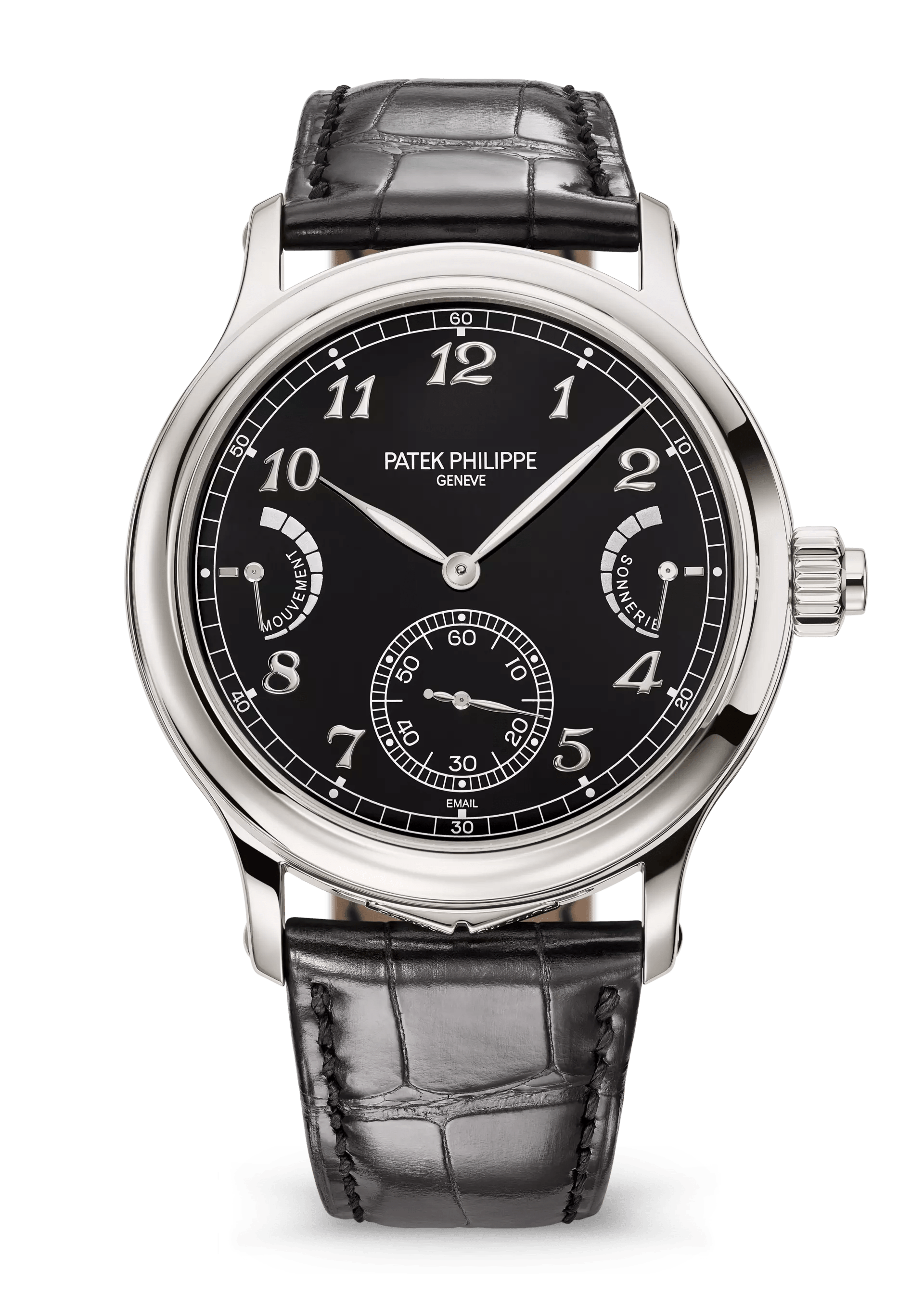 Patek Philippe Grande Sonnerie 6301P-001 in platino, quadrante nero e cinturino in pelle, vista frontale