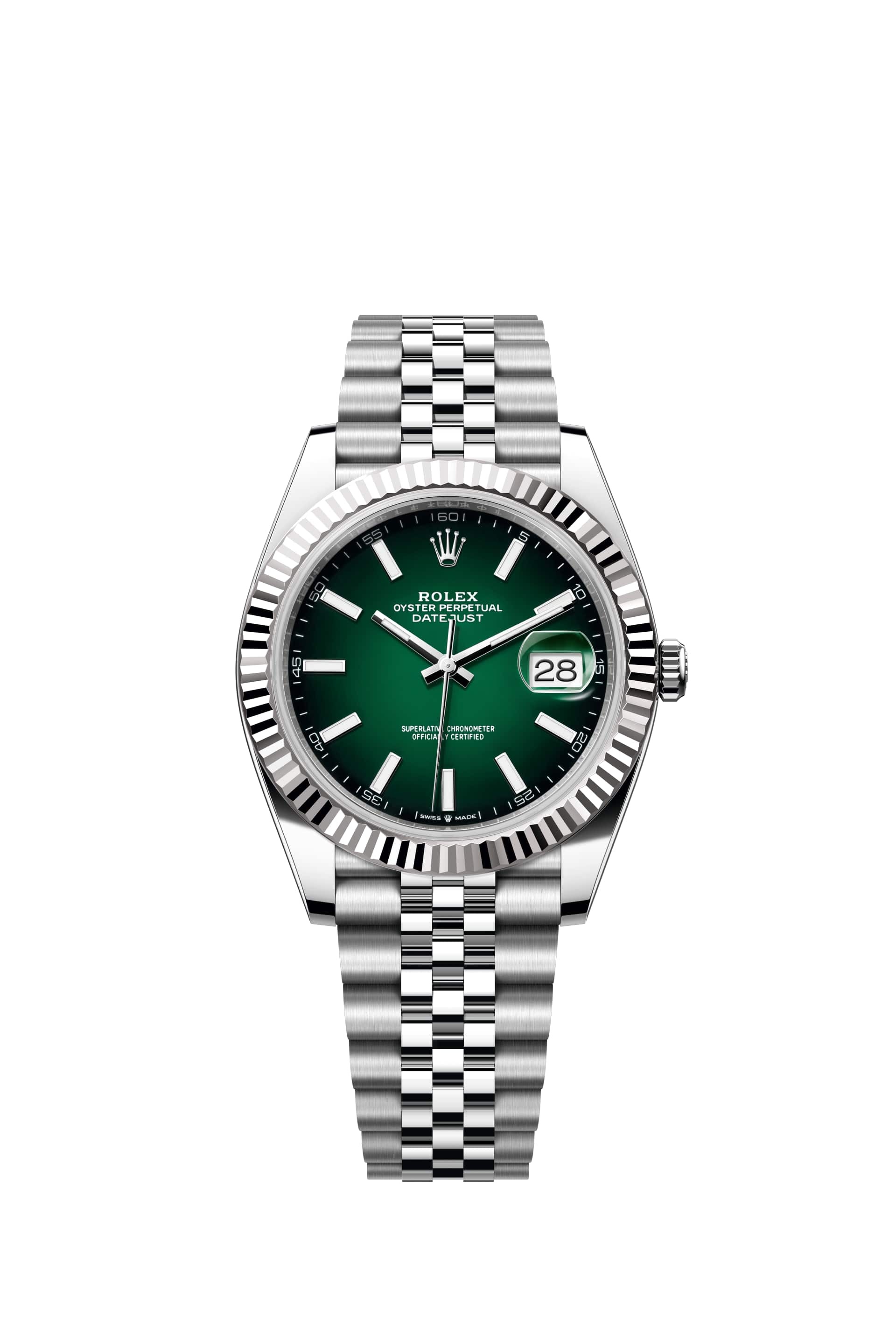 Rolex Datejust 41 ref. 126334-0034 con quadrante verde ombré, lunetta zigrinata e bracciale Jubilee