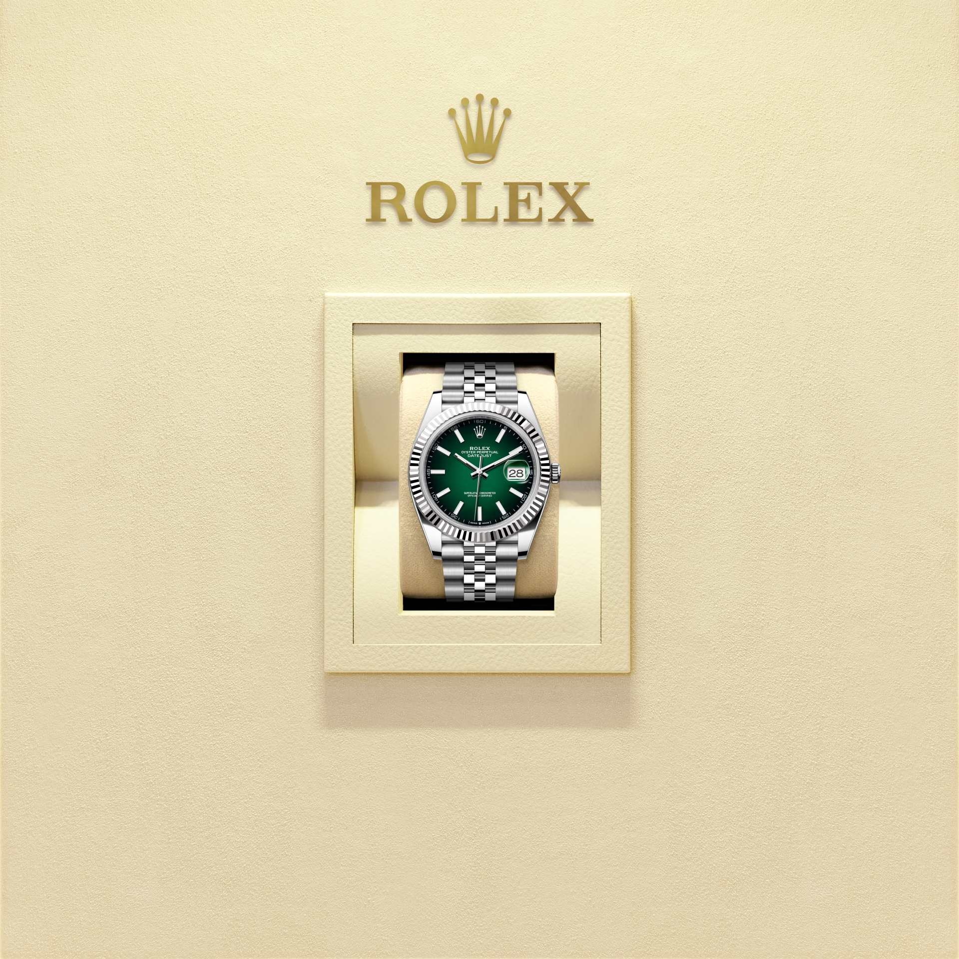 Rolex Datejust 41 126334-0034 con quadrante verde ombré e bracciale Jubilee in presentazione ufficiale Rolex