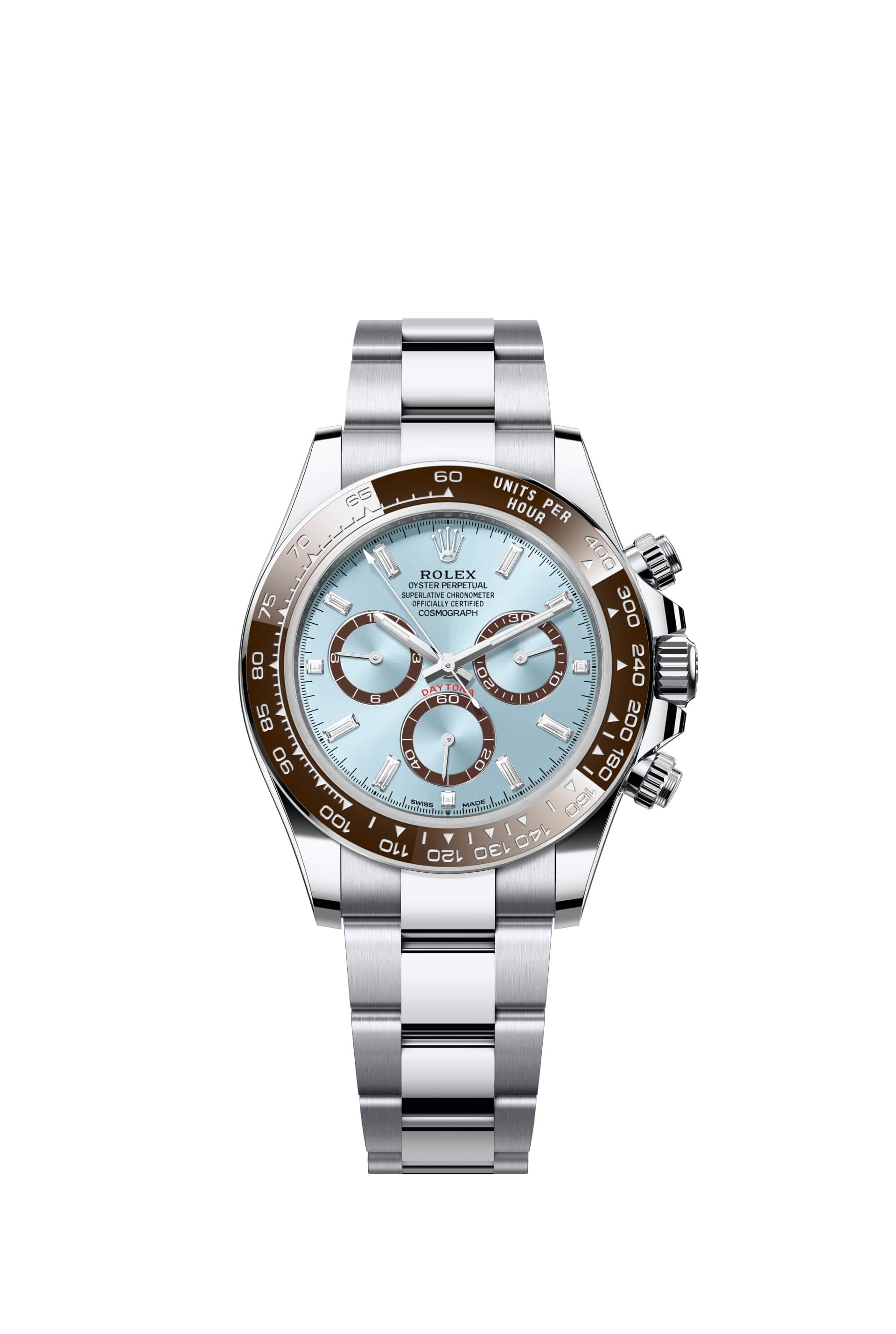 Rolex Cosmograph Daytona m126506-0002 in platino con quadrante blu ghiaccio, diamanti e lunetta marrone