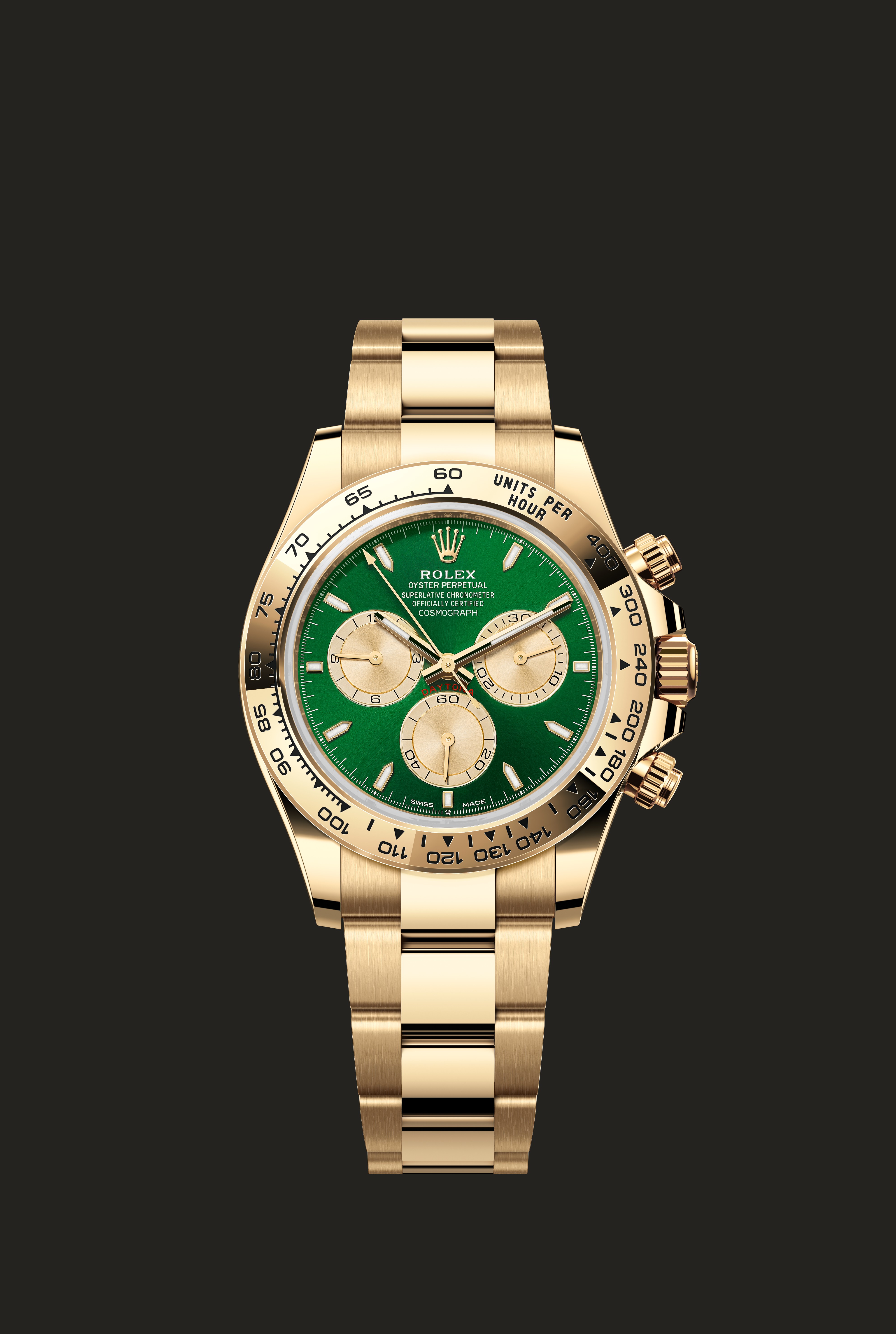 Rolex Cosmograph Daytona 126508 in oro giallo con quadrante verde visto frontalmente