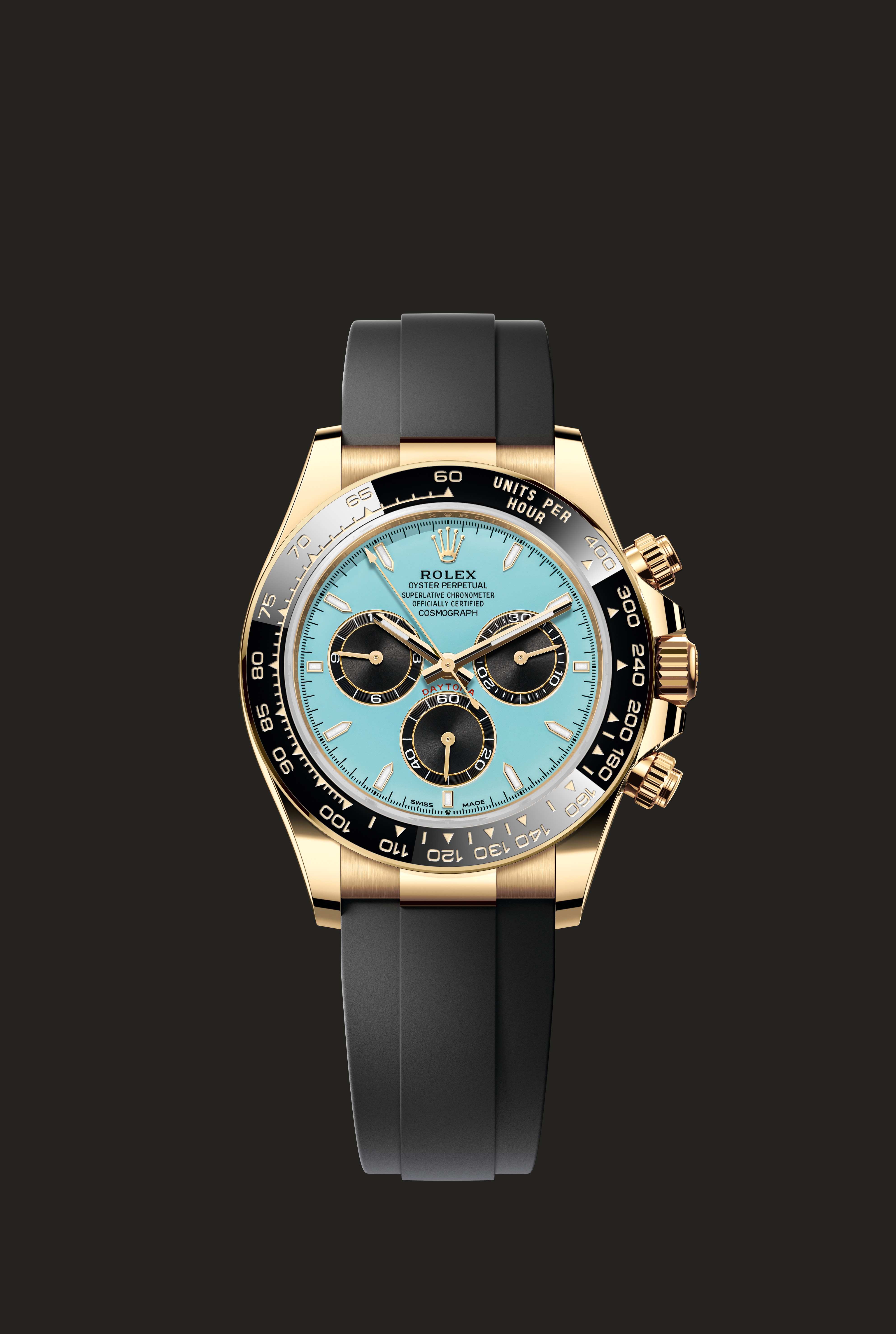 Rolex Cosmograph Daytona 126518LN in oro giallo con quadrante turchese e bracciale Oysterflex visto frontalmente