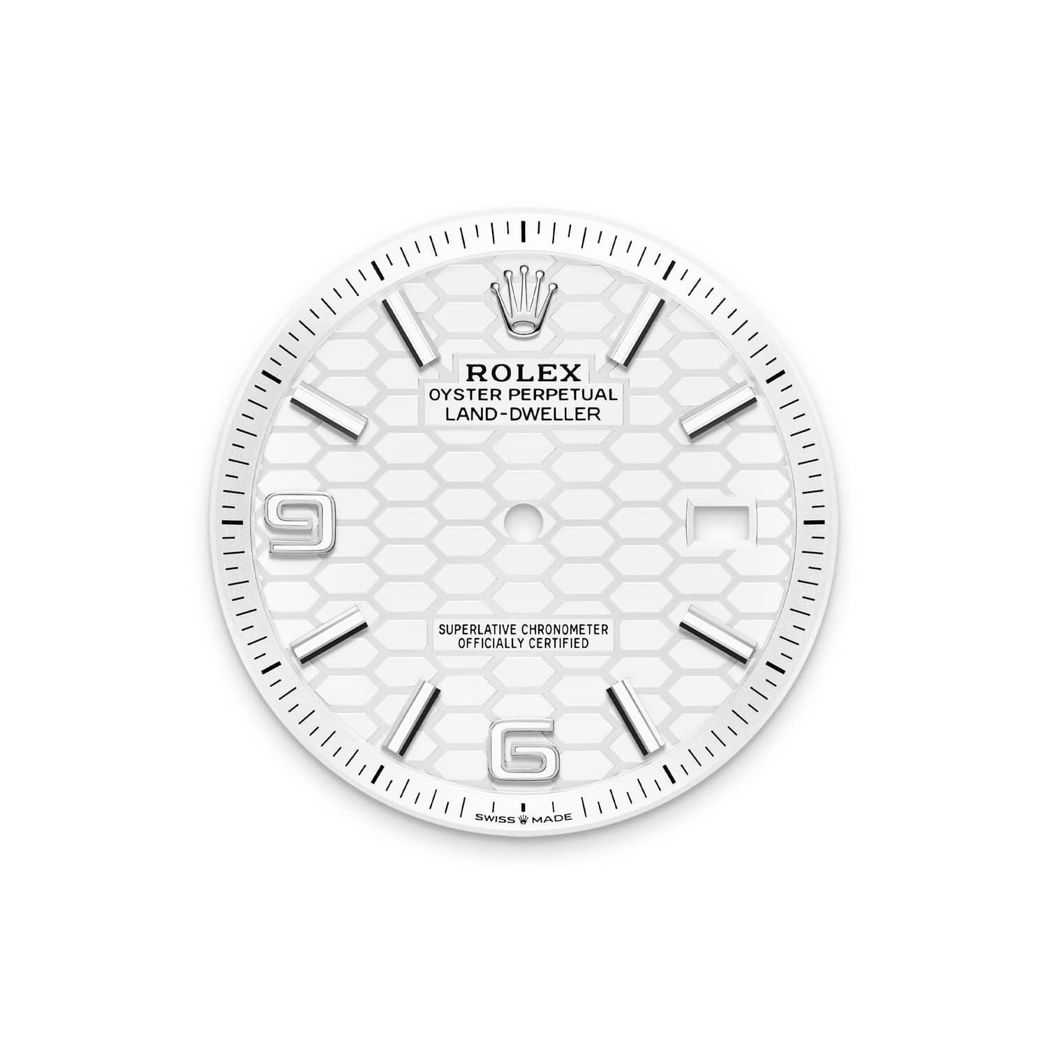 Dettaglio del quadrante bianco intenso a motivo a nido d'ape del Rolex Land-Dweller 40 127334