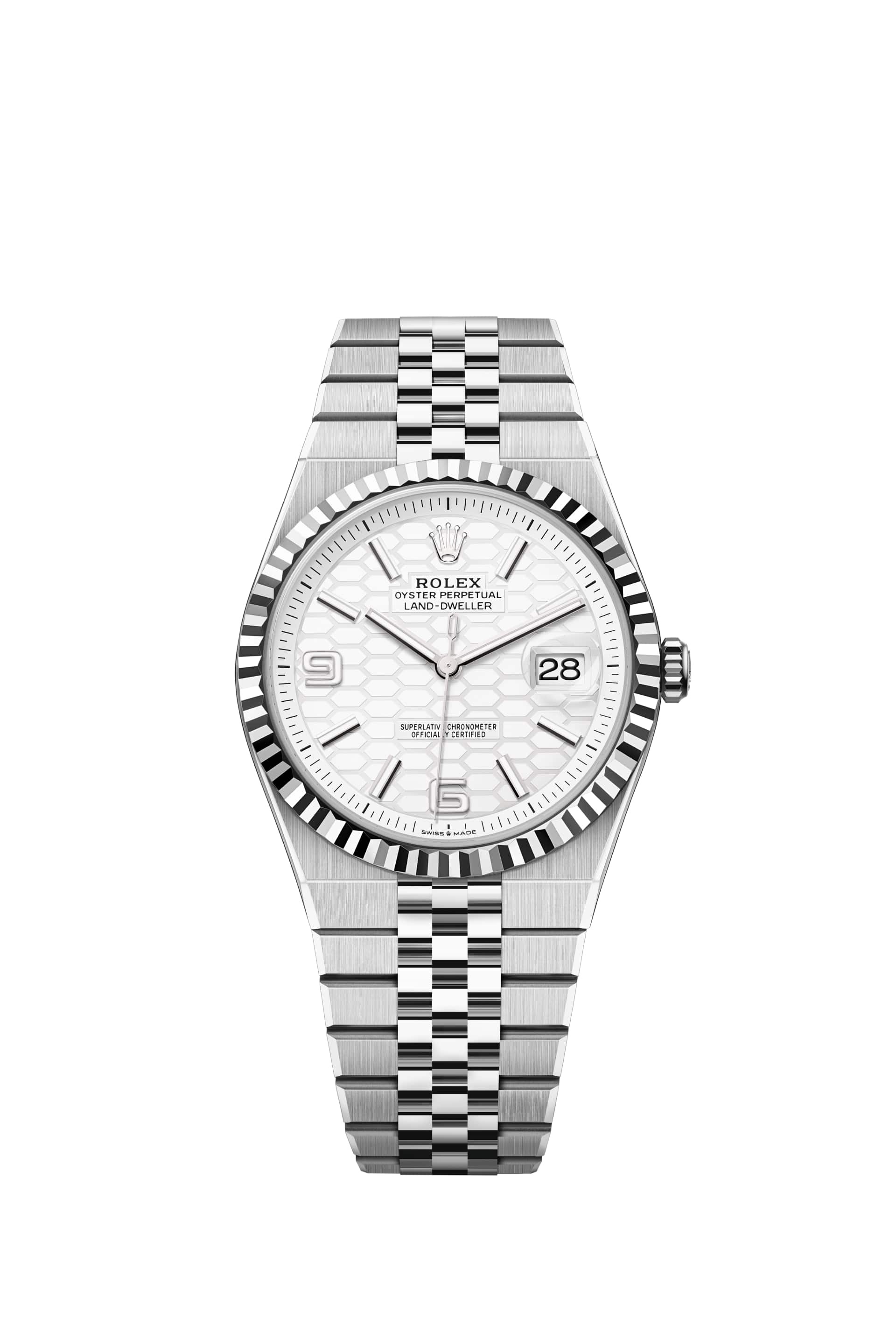 Rolex Land-Dweller 40 127334 con quadrante bianco intenso a motivo a nido d'ape e bracciale Flat Jubilee