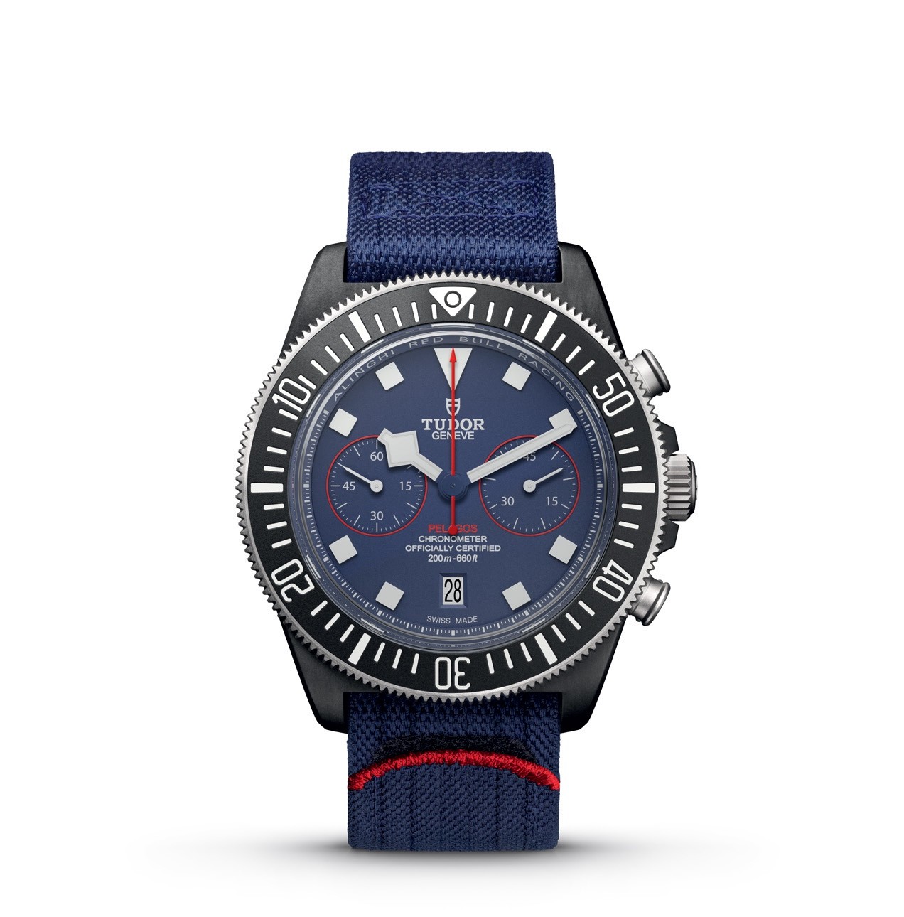 TUDOR Pelagos FXD Chrono M25807KN con quadrante blu, due contatori e cinturino tessile blu, vista frontale