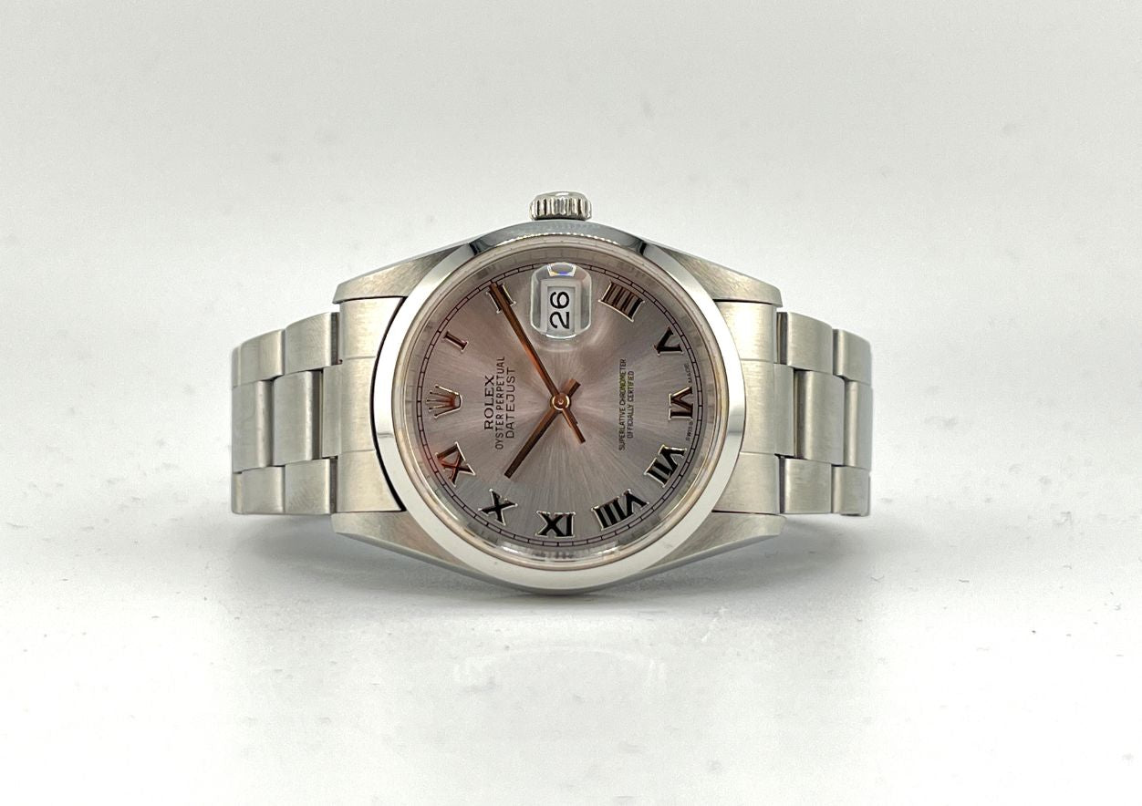 Rolex Datejust 16200 referenza 16200, vista frontale dell'esemplare in acciaio con quadrante grigio ardesia a numeri romani, lunetta liscia e bracciale Oyster